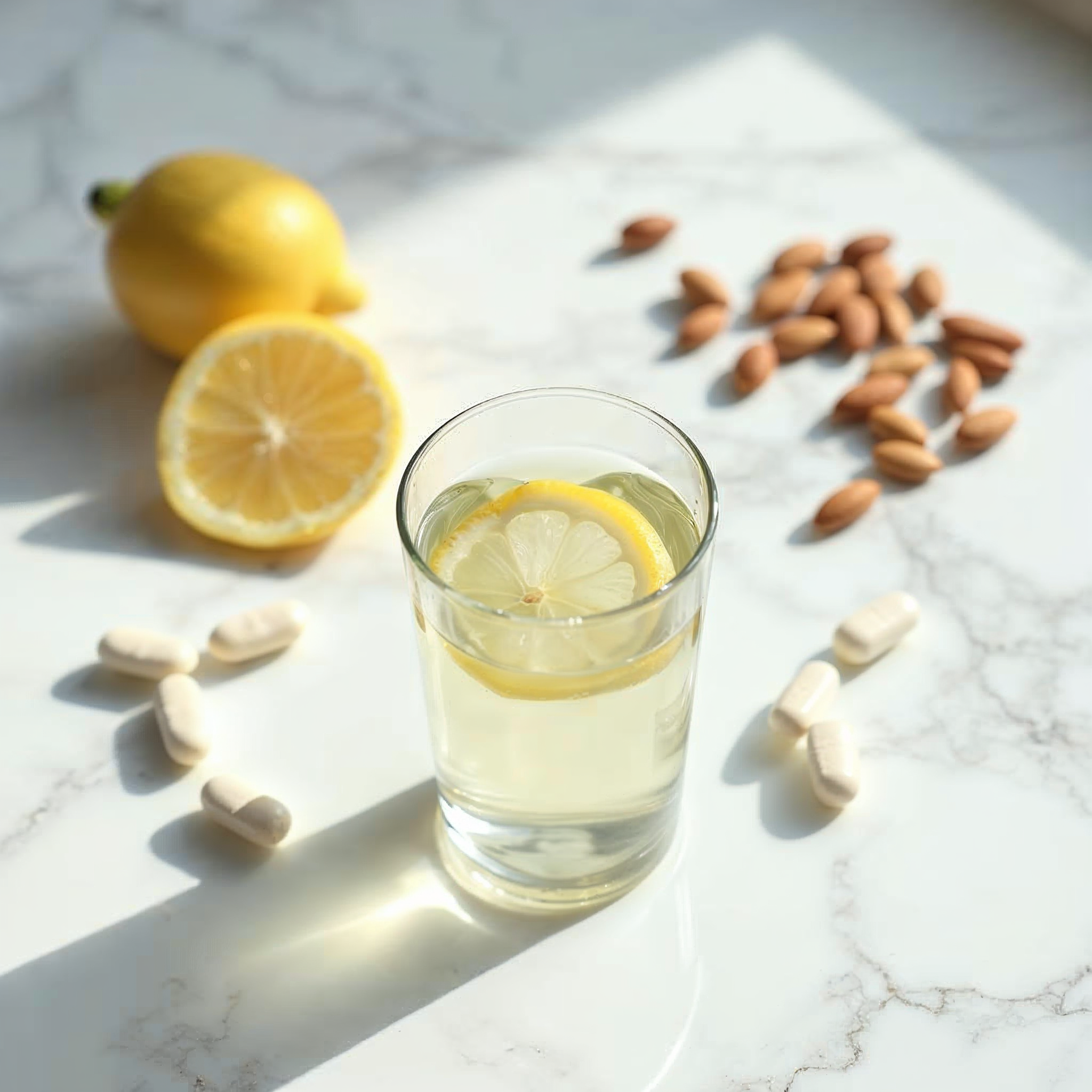 Rutina matutina con cápsulas de magnesio agua limón y frutos secos sobre mármol blanco
