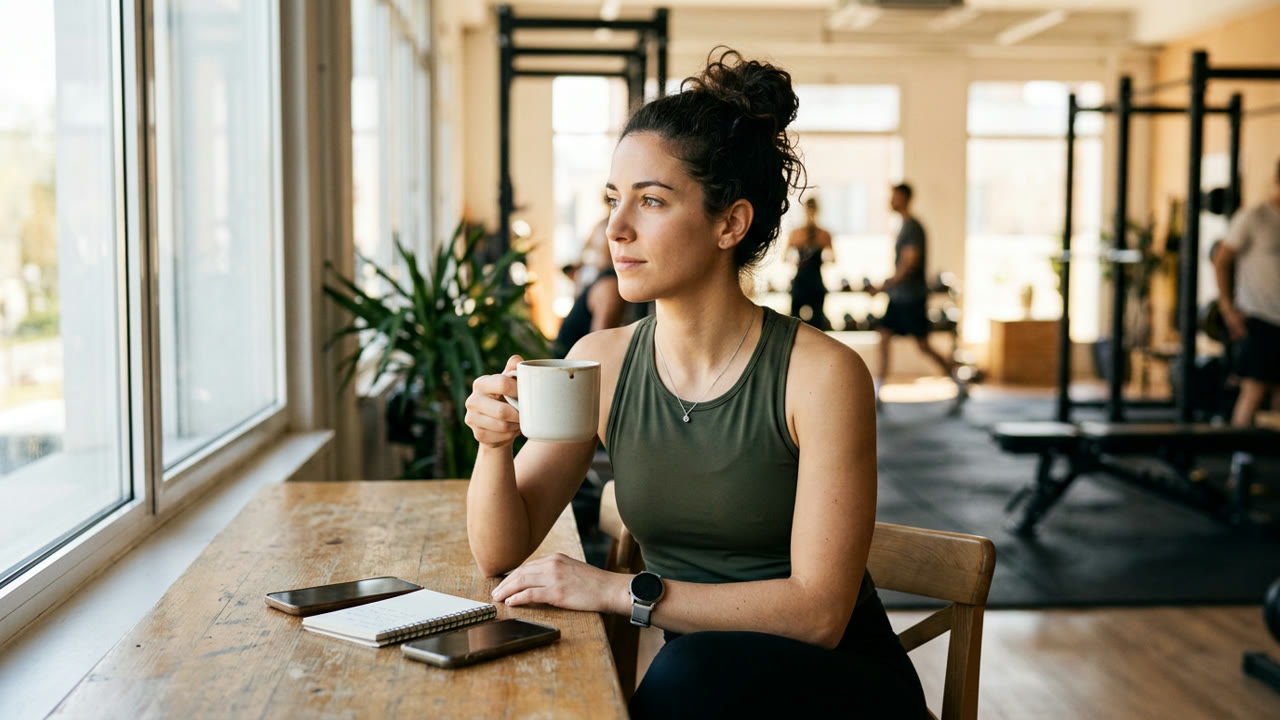 Deportista tomando un café antes de la sesión de entrenamiento, dosis de cafeína