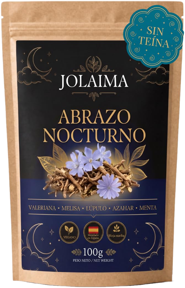 Abrazo Nocturno de JOLAIMA, infusión de hoja suelta sin teína, bolsa kraft de 100 g